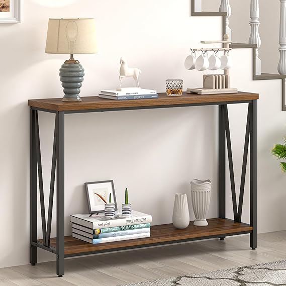 Narrow Console Table with 2-Tier Shelves | Industrial Entryway & Sofa Table