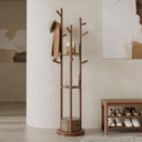 Rotating Wood Coat Rack with 3 Shelves and 9 Hooks