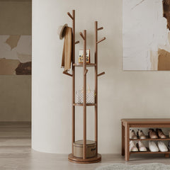 Rotating Wood Coat Rack with 3 Shelves and 9 Hooks