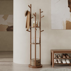 Rotating Wood Coat Rack with 3 Shelves and 9 Hooks