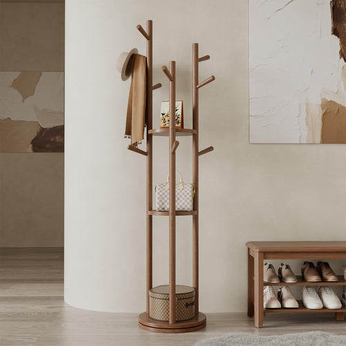 Rotating Wood Coat Rack with 3 Shelves and 9 Hooks