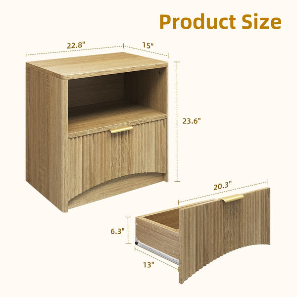 Fluted Nightstand Set of 2 with Drawer & Open Shelf