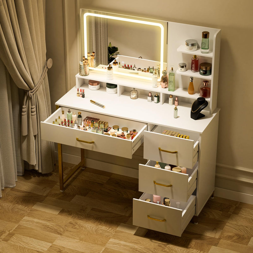 Lighted Makeup Vanity Table with Mirror, 4 Drawers & Storage Shelves