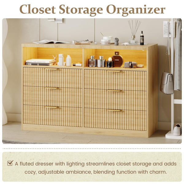 Wooden Dresser TV Stand with LED Lighting & Charging Station