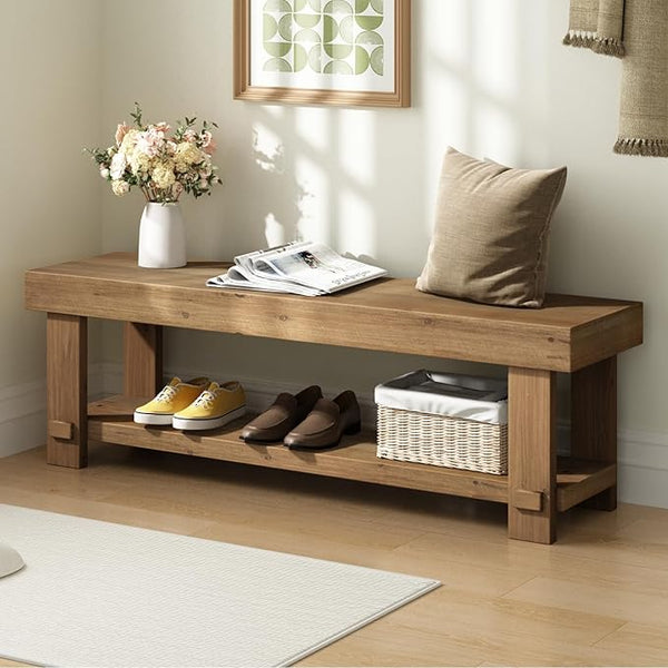Solid Wood Farmhouse Entryway Bench with Storage Shelf