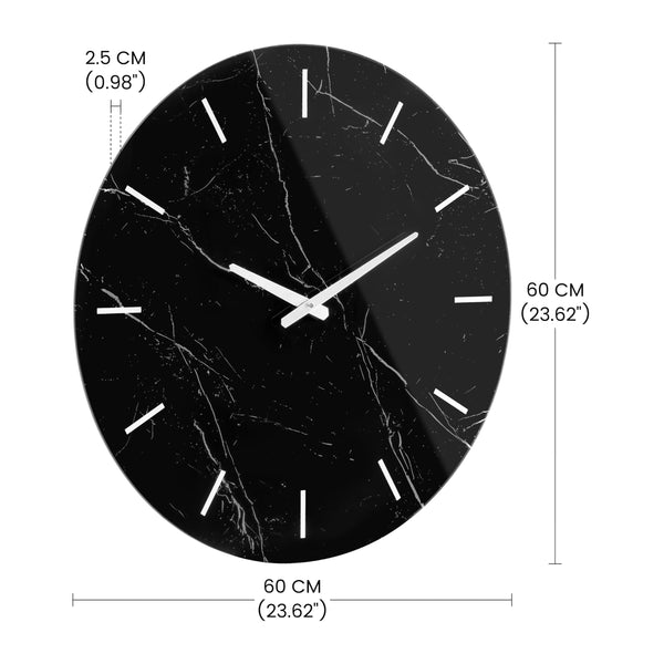 Large Round Wall Clock – Black Marble Glass, Silent Quartz, 23.62"