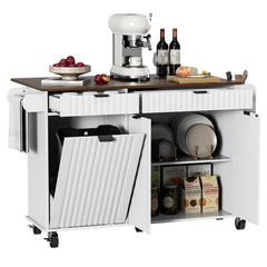 Rolling Kitchen Island with Wavy Door & Drop-Leaf Countertop
