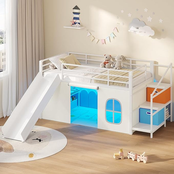 Low Loft Bed with Desk, Storage Drawers & LED Lights – Twin