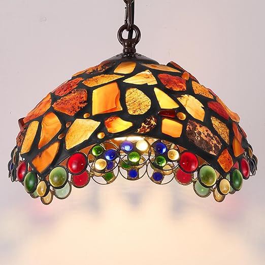 Tiffany Style Green Stained Glass Pendant Light – 8" Vintage Handcrafted Hanging Lamp