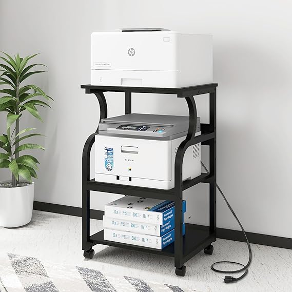 3-Tier Rolling Printer Stand with Adjustable Shelf and Power Outlets