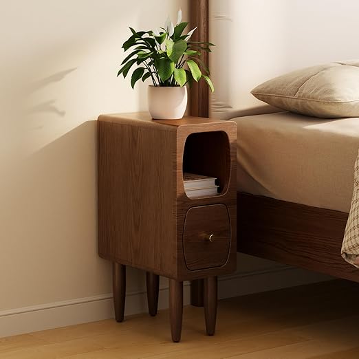 Solid Wood Narrow Nightstand with Drawer & USB Night Light