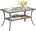 Outdoor Wicker Coffee Table with Storage & Tempered Glass Top