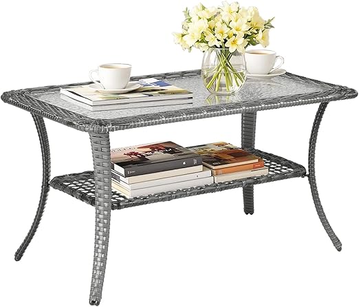 Outdoor Wicker Coffee Table with Storage & Tempered Glass Top