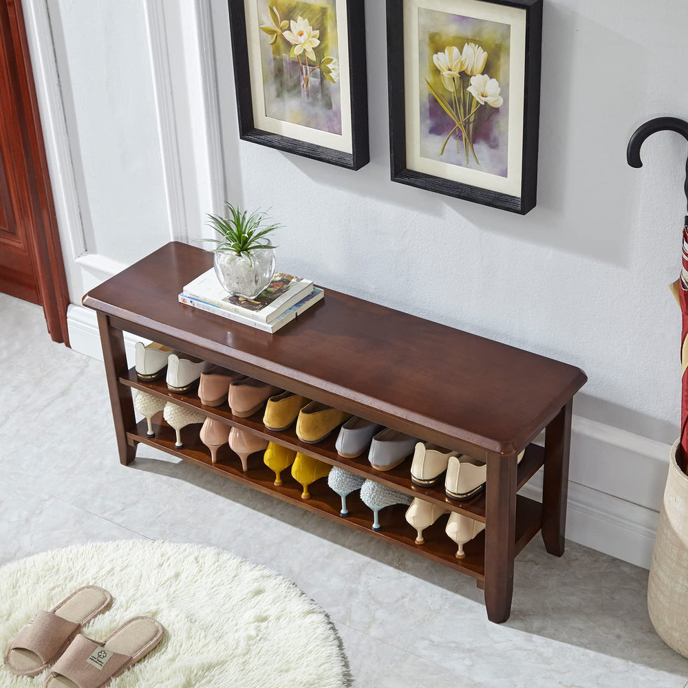 Solid Wood Shoe Storage Bench with 2-Tier Shelf