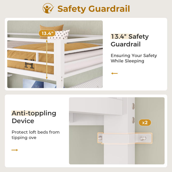 Twin Metal Loft Bed with L-Shaped Desk, LED Lights & Charging Station