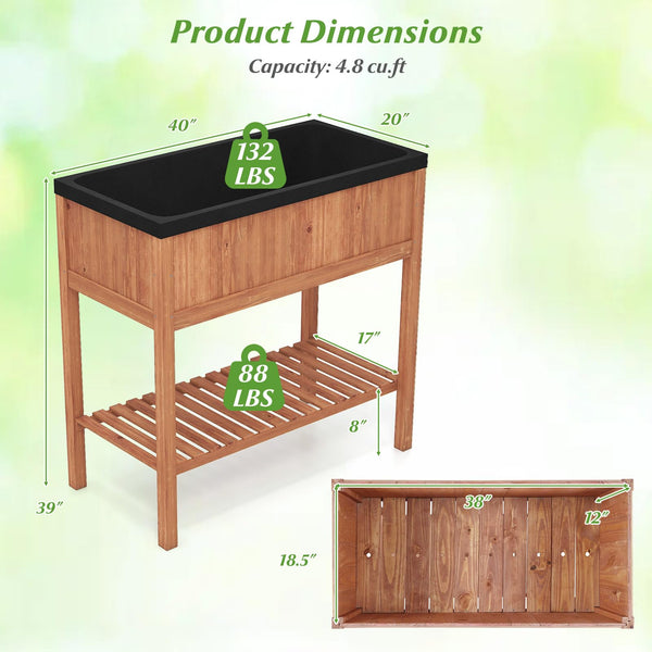 2-Tier Wooden Raised Garden Bed with Storage Shelf