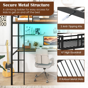 Twin Size Metal Loft Bed with Desk, LED Lights & Charging Station