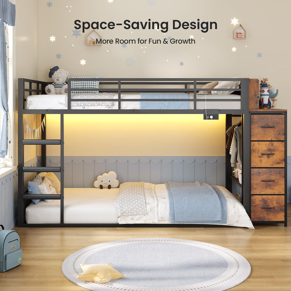 Twin Over Twin Low Bunk Bed with Storage & RGB Lights