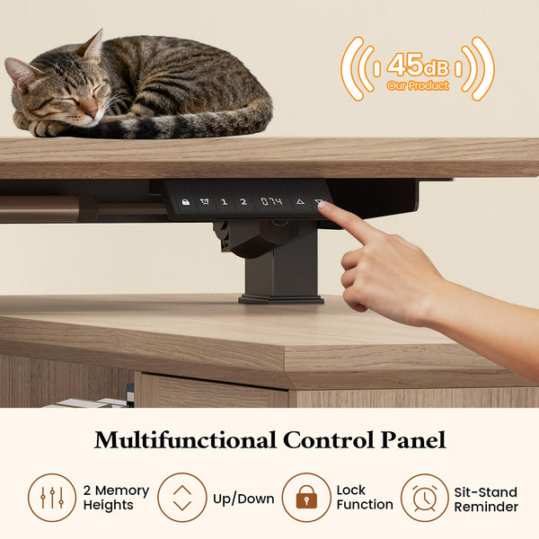 L-Shaped Electric Standing Desk with Storage & Power Outlets