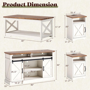 Farmhouse 4-Piece Living Room Furniture Set with 66" TV Stand, Coffee Table & 2 End Tables