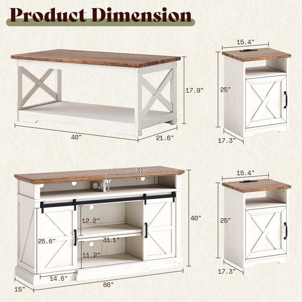 Farmhouse 4-Piece Living Room Furniture Set with 66" TV Stand, Coffee Table & 2 End Tables