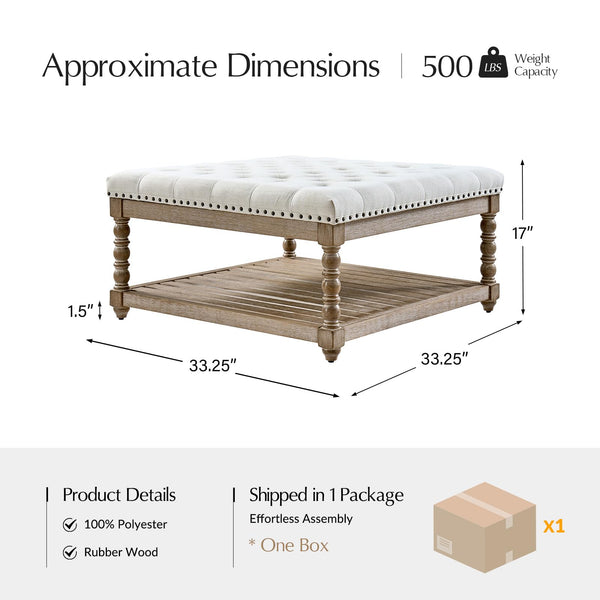 Upholstered Rectangular Ottoman with Spindle Legs & Storage Shelf