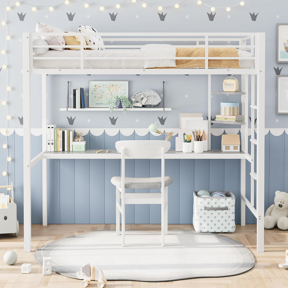 Twin Size Metal Loft Bed with Desk and Storage Shelves