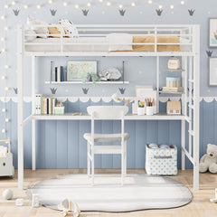 Twin Size Metal Loft Bed with Desk and Storage Shelves