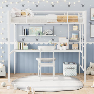 Twin Size Metal Loft Bed with Desk and Storage Shelves