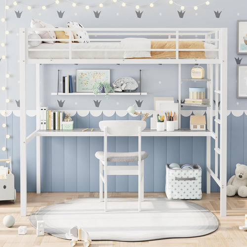 Twin Size Metal Loft Bed with Desk and Storage Shelves