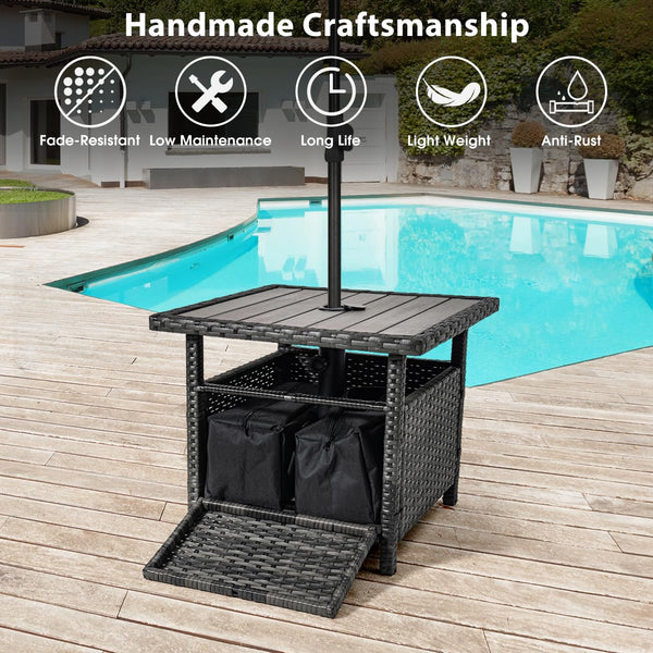 Wicker Patio Side Table with Umbrella Hole and Weight Bags