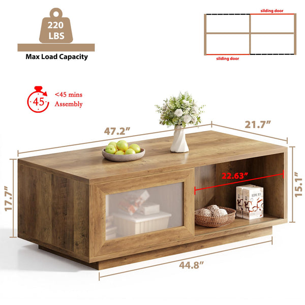 Rustic Wood Coffee Table with Sliding Door Storage