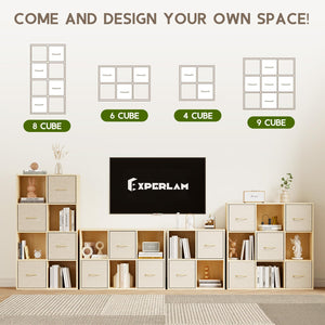 Cube Storage Organizer with Fabric Bins — Solid Wood Bookshelf