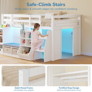Twin Low Loft Bed with Storage, LED Lights & Reading Nook