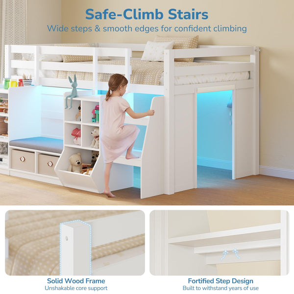 Twin Low Loft Bed with Storage, LED Lights & Reading Nook