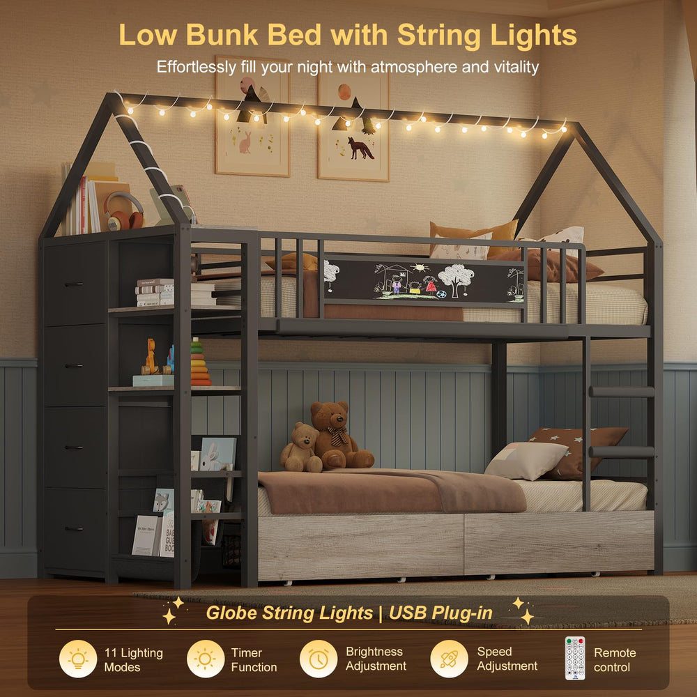 Twin Over Twin House Bunk Bed with Storage Drawers & String Lights