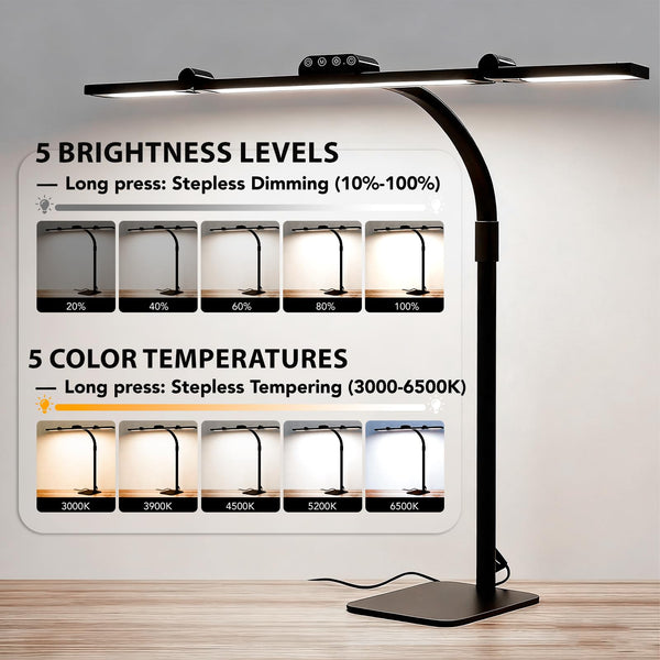 LED Desk Lamp – Triple Light Bar, Gooseneck, Dimmable, CRI 90+