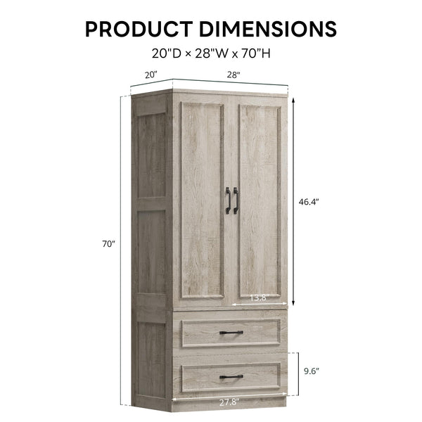 Freestanding Wardrobe Closet with 2 Doors and 2 Drawers – 70" H x 28" W