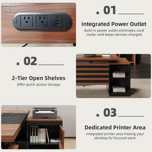 78-Inch L-Shaped Executive Desk with Storage Cabinet, Power Outlet & File Cabinet