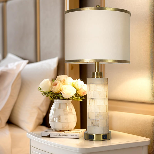 Alabaster Table Lamps Set of 2 with USB Ports, Night Light & Linen Shade