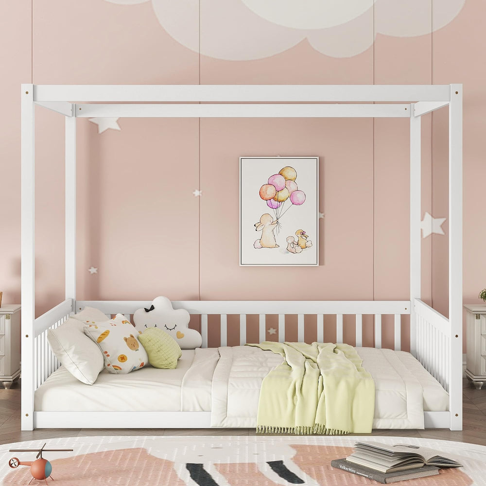 Full Size Kids Canopy Floor Bed Frame with Guardrails