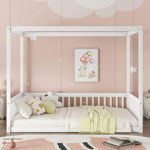 Full Size Kids Canopy Floor Bed Frame with Guardrails