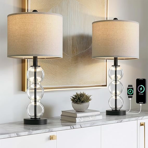 Glass Table Lamps Set of 2 with USB Charging Ports and Linen Shade