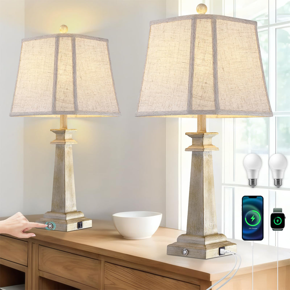 Farmhouse Touch Table Lamps Set of 2 with USB Charging Ports & Dimmable LED Bulbs