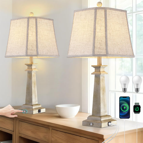 Farmhouse Touch Table Lamps Set of 2 with USB Charging Ports & Dimmable LED Bulbs