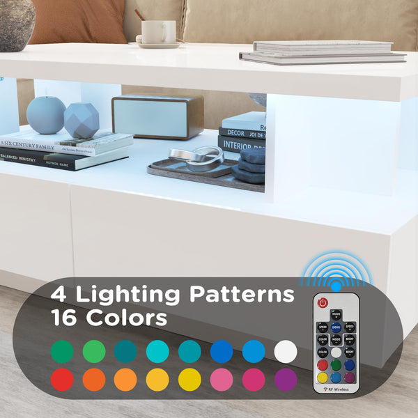LED Coffee Table with 4 Drawers, High-Gloss White