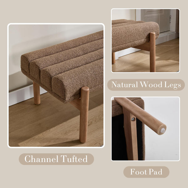 47" Modern Upholstered Bench with Channel Tufting & Wood Legs