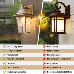 Brass Outdoor Wall Lanterns 2-Pack – Waterproof Glass Shade Sconces for Porch, Front Door & Entryway