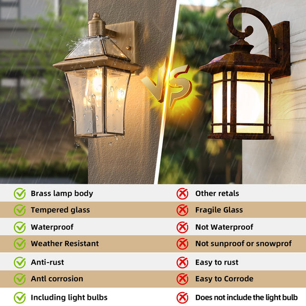 Brass Outdoor Wall Lanterns 2-Pack – Waterproof Glass Shade Sconces for Porch, Front Door & Entryway