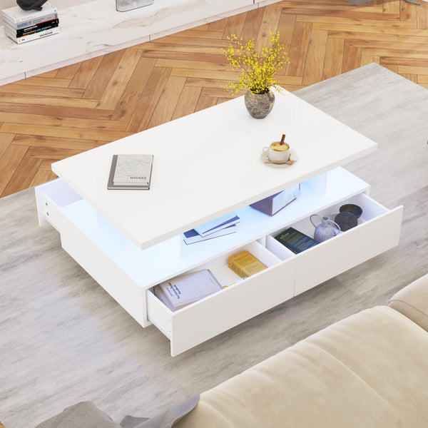 LED Coffee Table with 4 Drawers, High-Gloss White